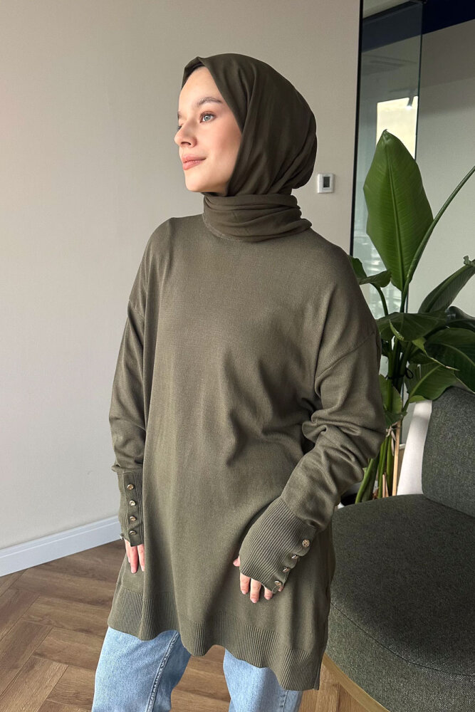 Kol Manşetli Düğmeli Triko - Haki - 5