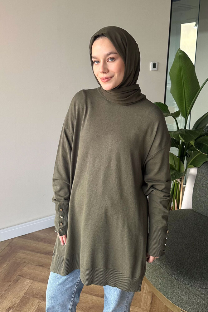 Kol Manşetli Düğmeli Triko - Haki - 7