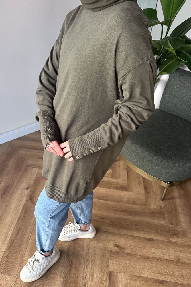Kol Manşetli Düğmeli Triko - Haki - İKOL (5)