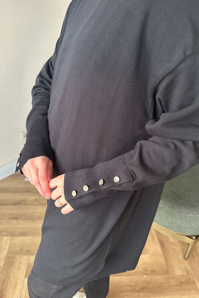 Kol Manşetli Düğmeli Triko - Siyah - 3