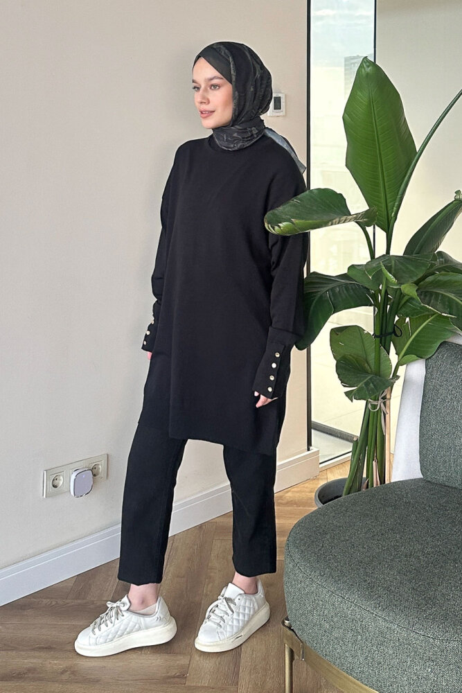 Kol Manşetli Düğmeli Triko - Siyah - İKOL (4)