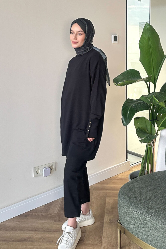 Kol Manşetli Düğmeli Triko - Siyah - 2