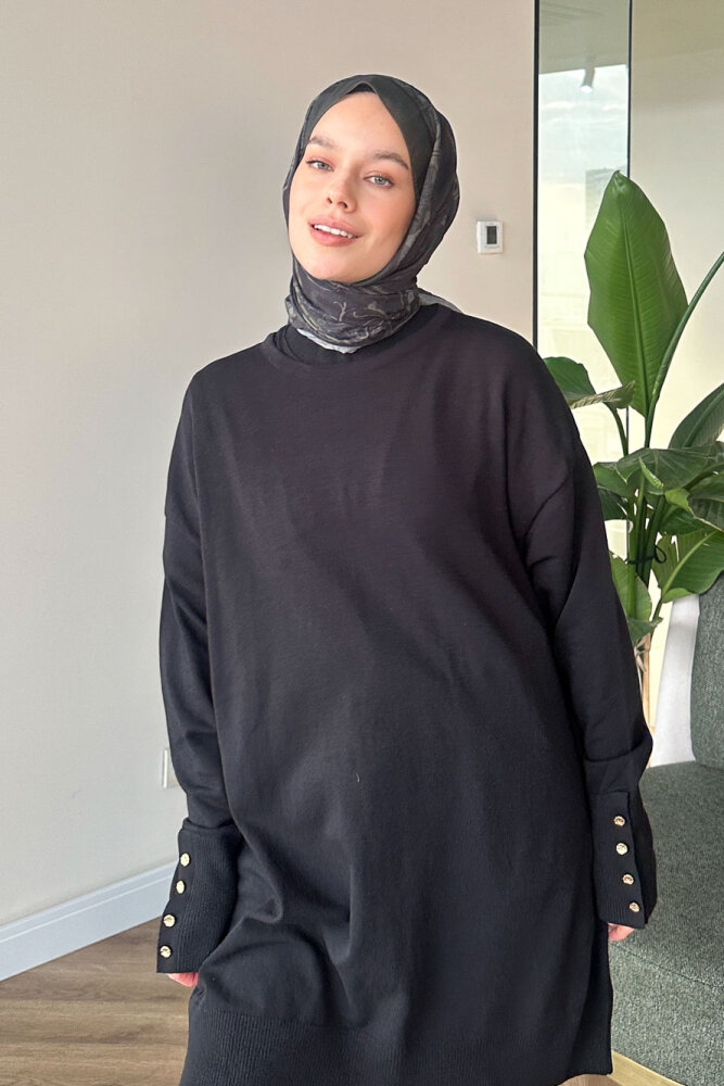 Kol Manşetli Düğmeli Triko - Siyah - 7