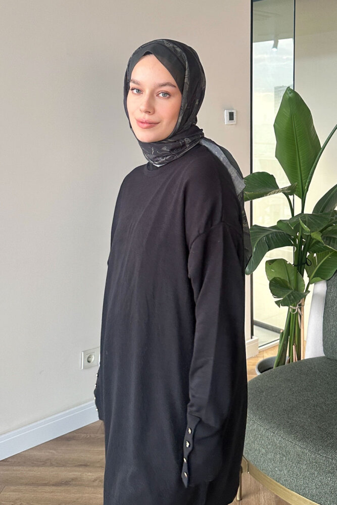 Kol Manşetli Düğmeli Triko - Siyah - İKOL (5)