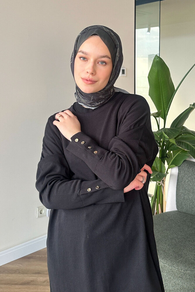 Kol Manşetli Düğmeli Triko - Siyah - 4