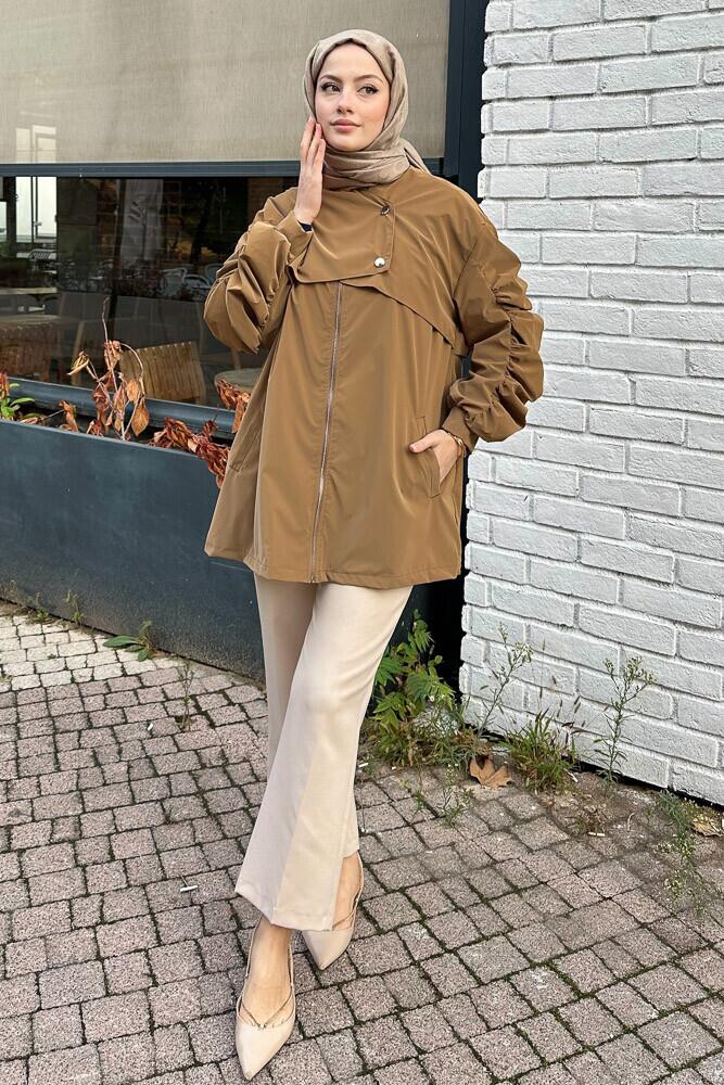 Kolları Büzgülü Kısa Trençkot - Camel - HEWES (5)