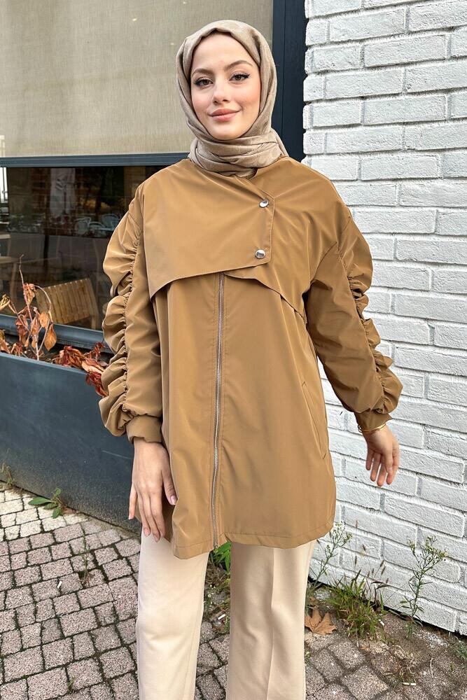 Kolları Büzgülü Kısa Trençkot - Camel - HEWES (4)