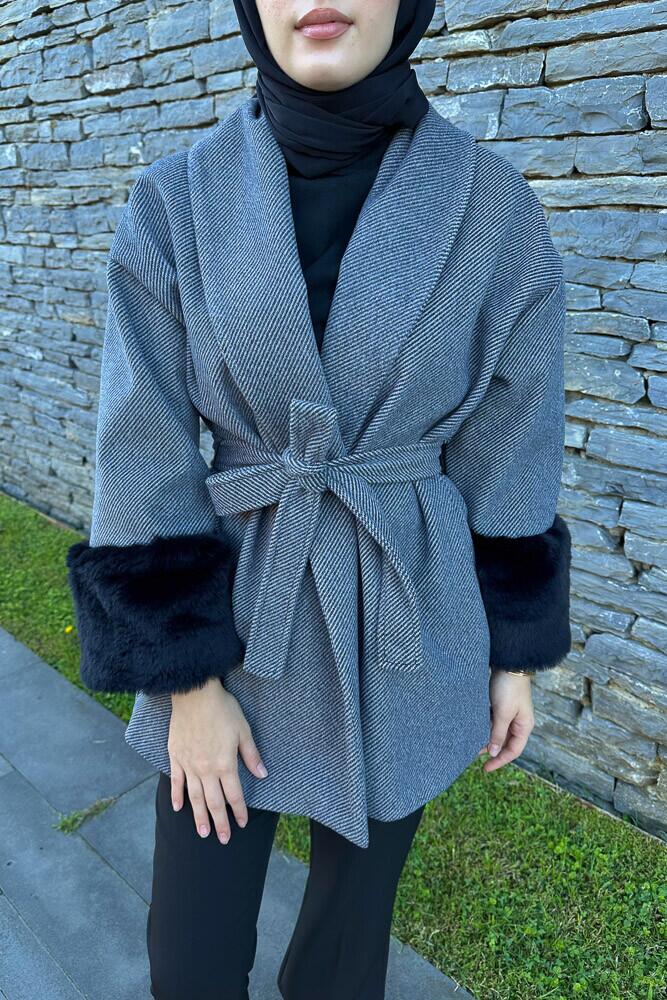 Kolu Kürklü Çizgili Kaşe Kaban - Siyah - HENZA (2)