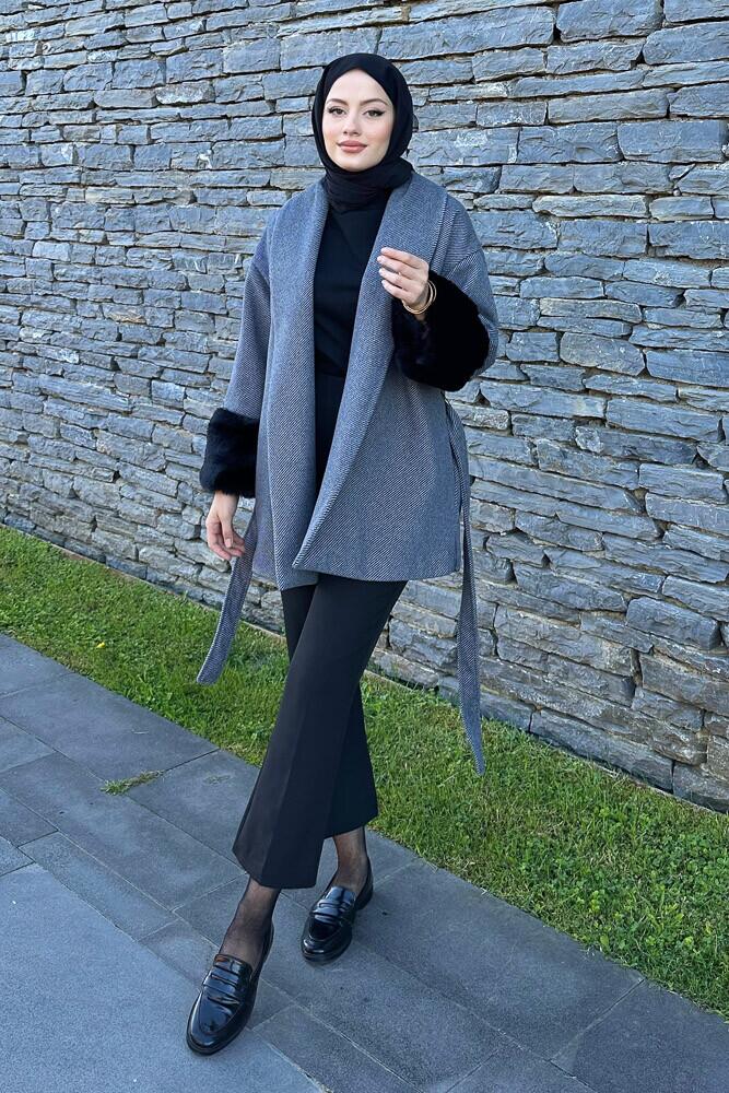 Kolu Kürklü Çizgili Kaşe Kaban - Siyah - HENZA (3)