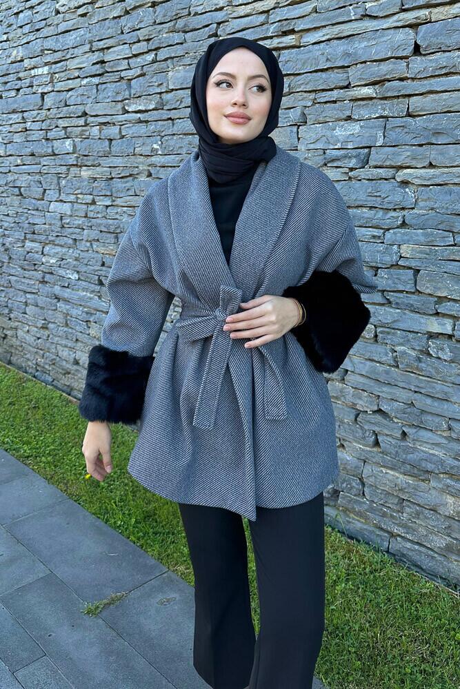 Kolu Kürklü Çizgili Kaşe Kaban - Siyah - HENZA (5)