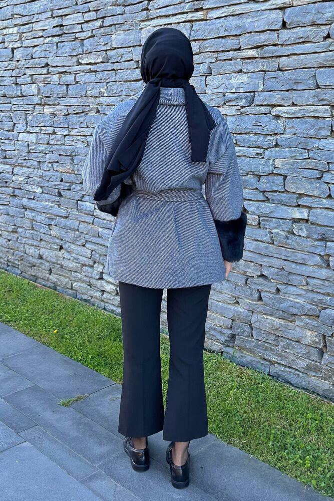 Kolu Kürklü Çizgili Kaşe Kaban - Siyah - HENZA (6)