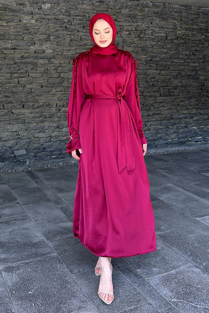 Kolu Lastik Aksesuarlı Saten Elbise - Bordo - 4