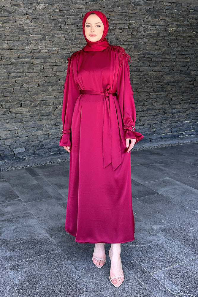 Kolu Lastik Aksesuarlı Saten Elbise - Bordo - 6