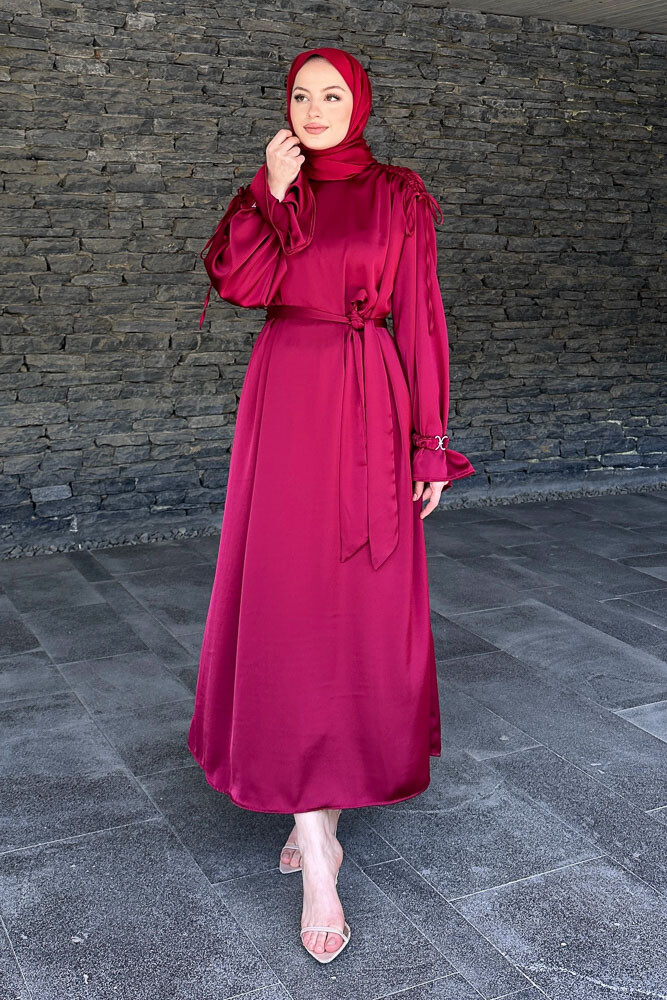 Kolu Lastik Aksesuarlı Saten Elbise - Bordo - 1