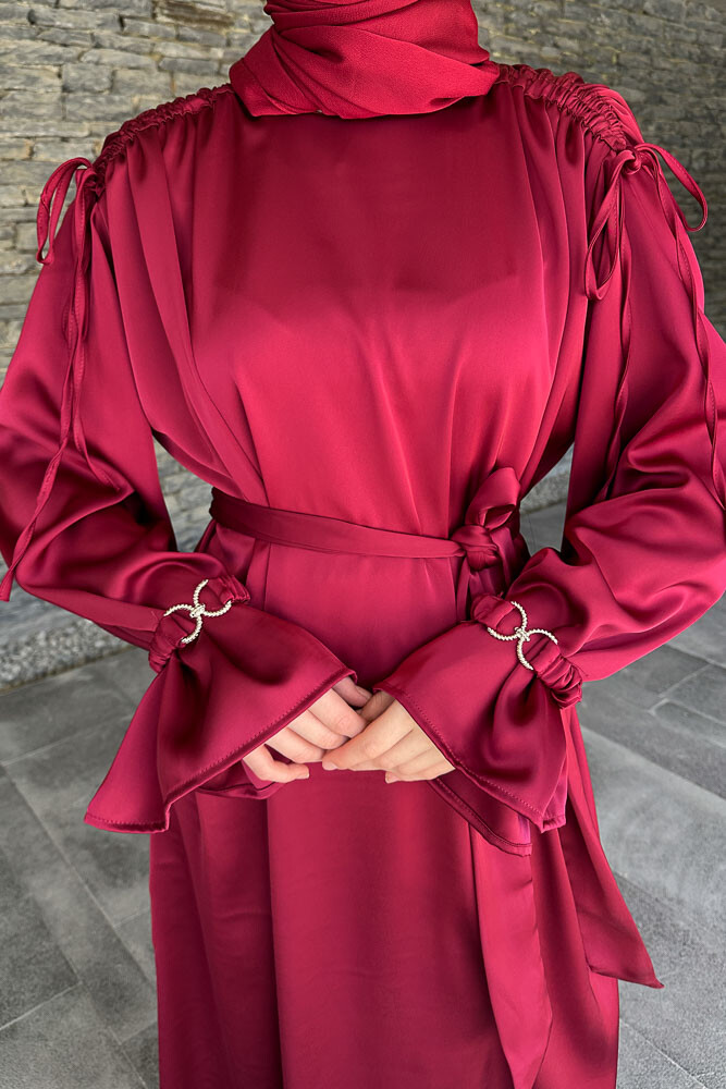 Kolu Lastik Aksesuarlı Saten Elbise - Bordo - 2