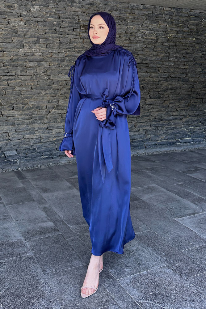 Kolu Lastik Aksesuarlı Saten Elbise - Lacivert - 6