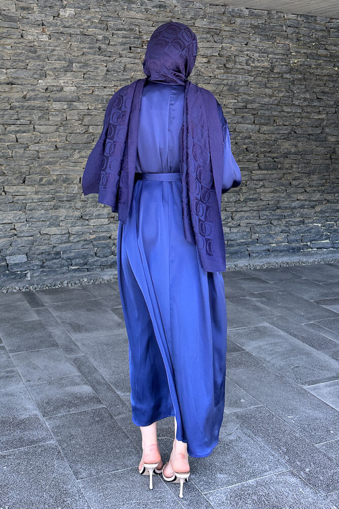 Kolu Lastik Aksesuarlı Saten Elbise - Lacivert - 7
