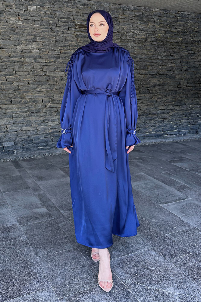 Kolu Lastik Aksesuarlı Saten Elbise - Lacivert - 8