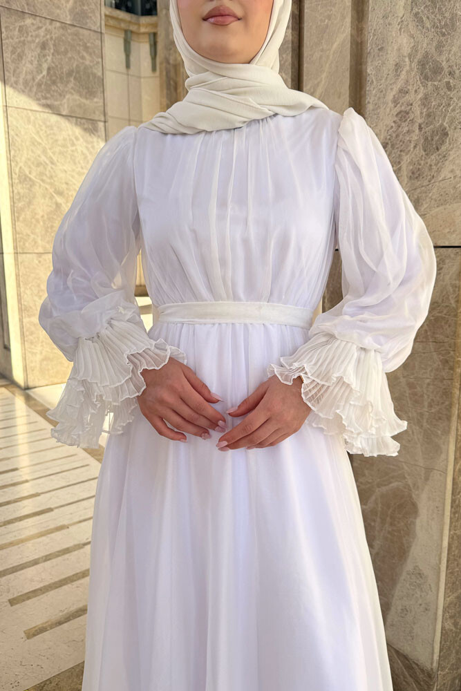Kolu Piliseli Şifon Elbise - Ekru - 6