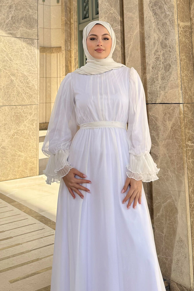 Kolu Piliseli Şifon Elbise - Ekru - HENZA (3)