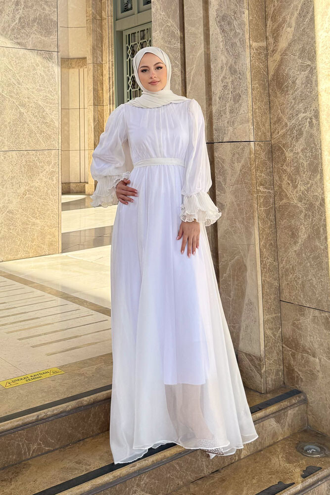 Kolu Piliseli Şifon Elbise - Ekru - HENZA (4)