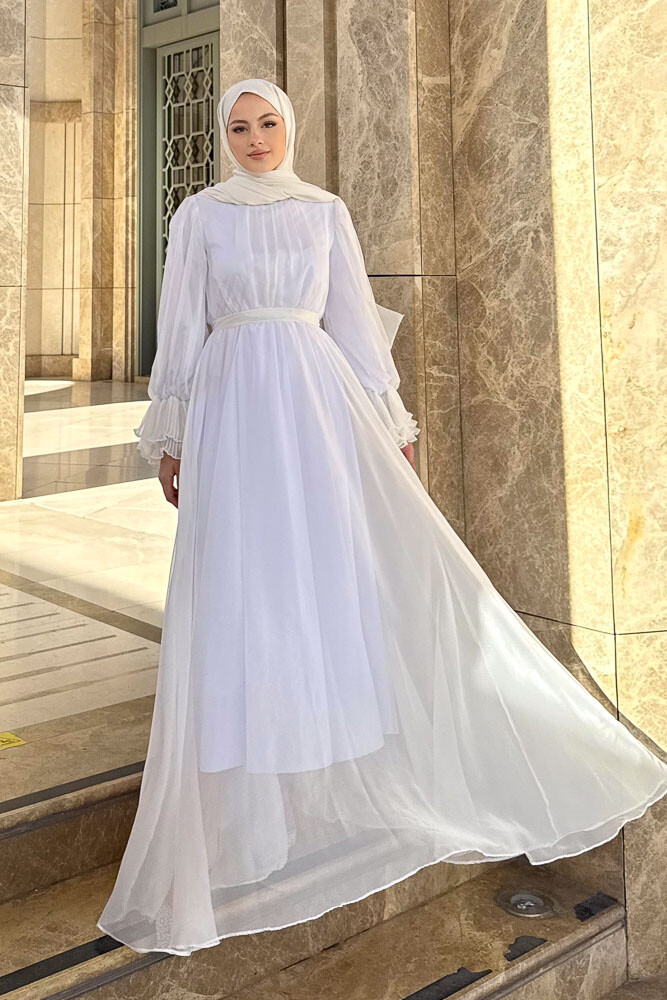 Kolu Piliseli Şifon Elbise - Ekru - HENZA (1)