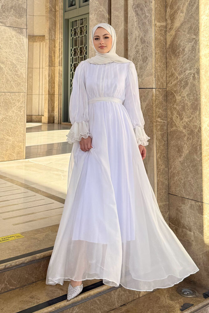 Kolu Piliseli Şifon Elbise - Ekru - HENZA (2)