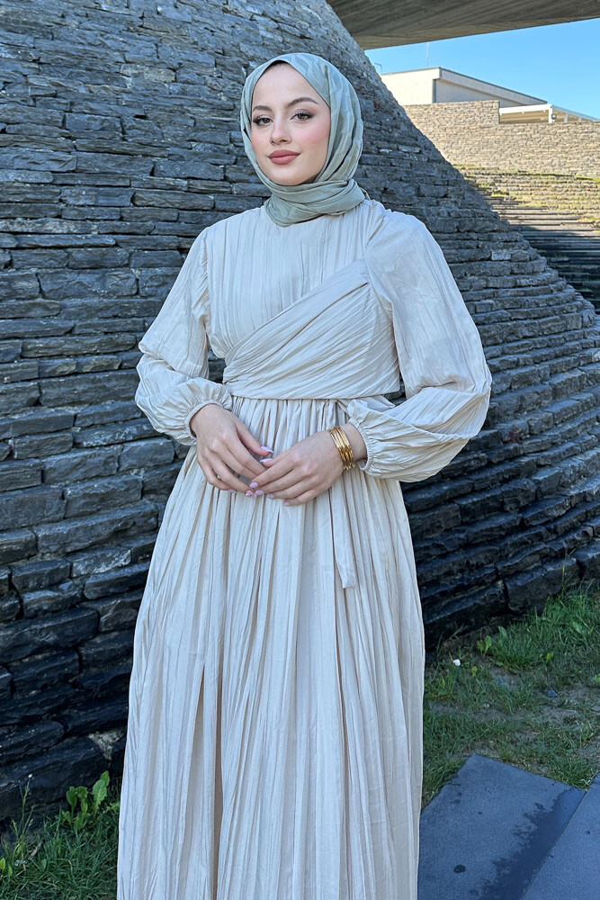 Kraşlı Yandan Bağlamalı İki Parça Elbise - Bej - 7