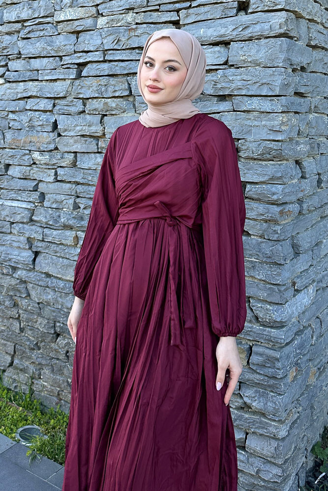 Kraşlı Yandan Bağlamalı İki Parça Elbise - Bordo - 4