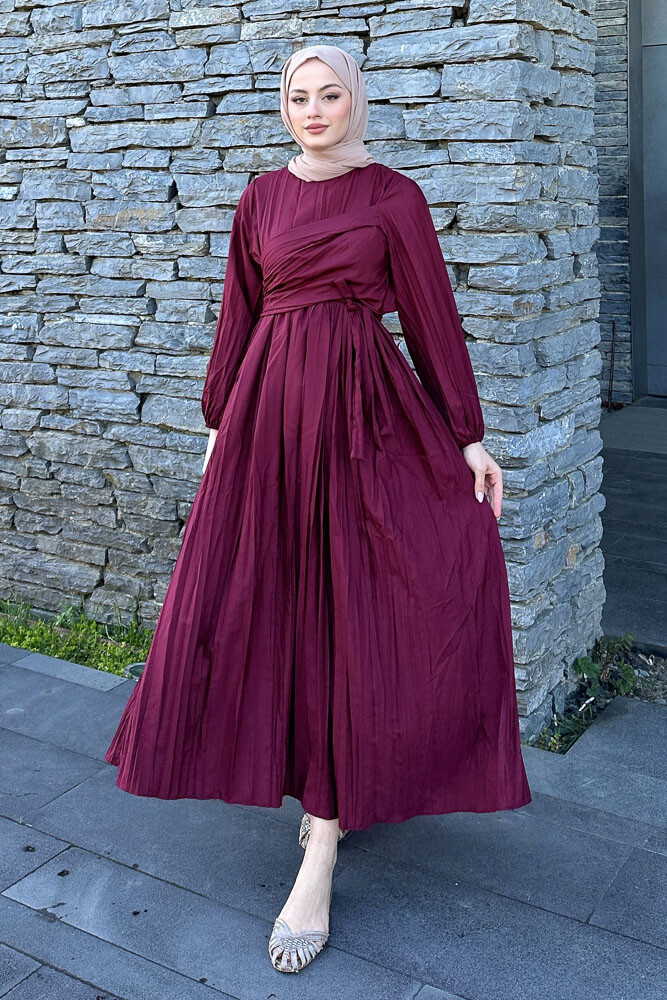 Kraşlı Yandan Bağlamalı İki Parça Elbise - Bordo - 1