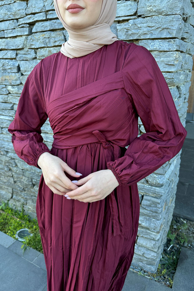 Kraşlı Yandan Bağlamalı İki Parça Elbise - Bordo - 7