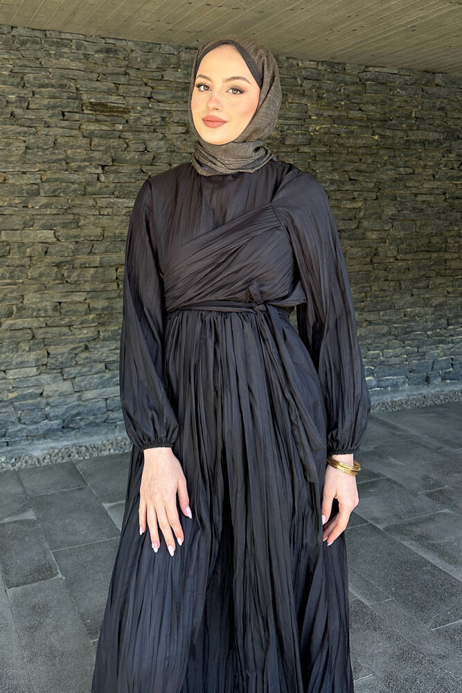 Kraşlı Yandan Bağlamalı İki Parça Elbise - Siyah - 5