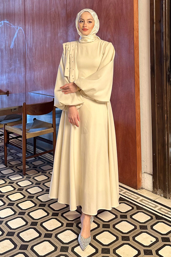 Krep Taşlı Elbise - Bej - 6