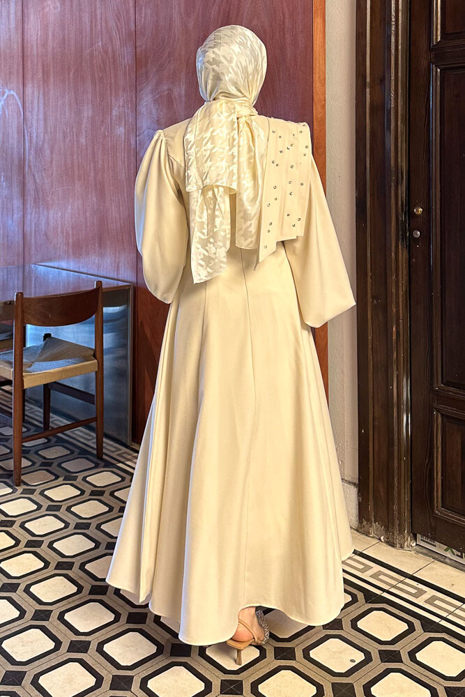 Krep Taşlı Elbise - Bej - 8