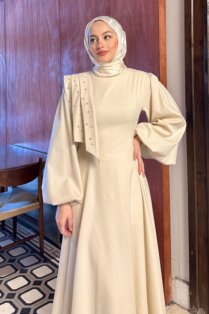 Krep Taşlı Elbise - Bej - 2