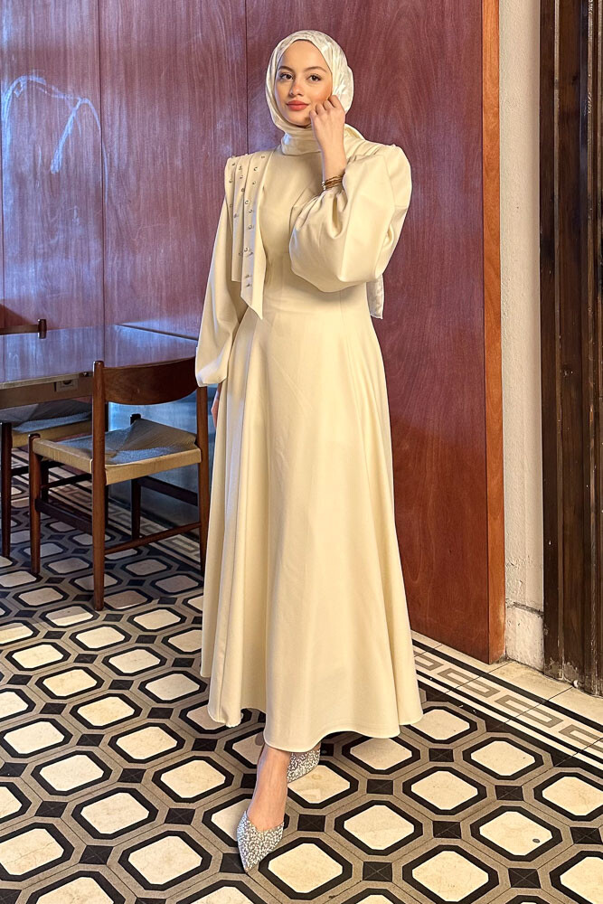 Krep Taşlı Elbise - Bej - 3