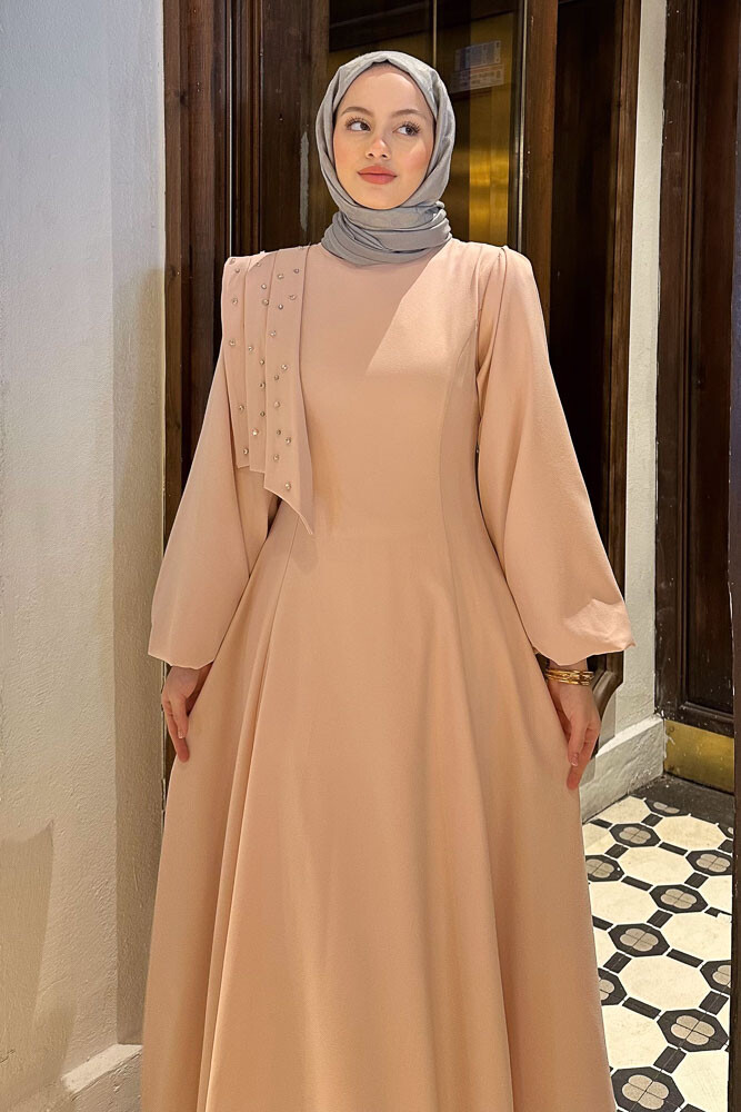 Krep Taşlı Elbise - Pudra - HENZA (5)