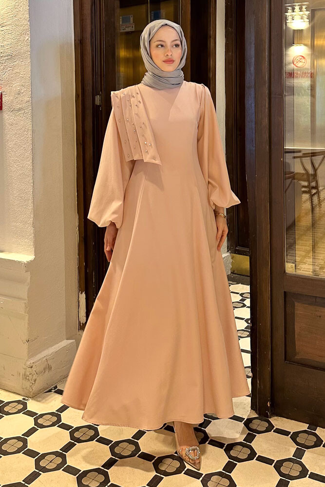 Krep Taşlı Elbise - Pudra - HENZA (3)