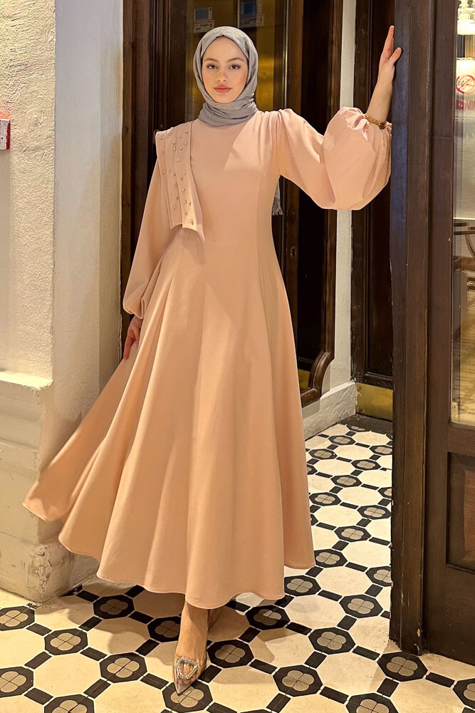 Krep Taşlı Elbise - Pudra - 7