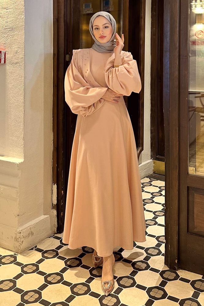 Krep Taşlı Elbise - Pudra 