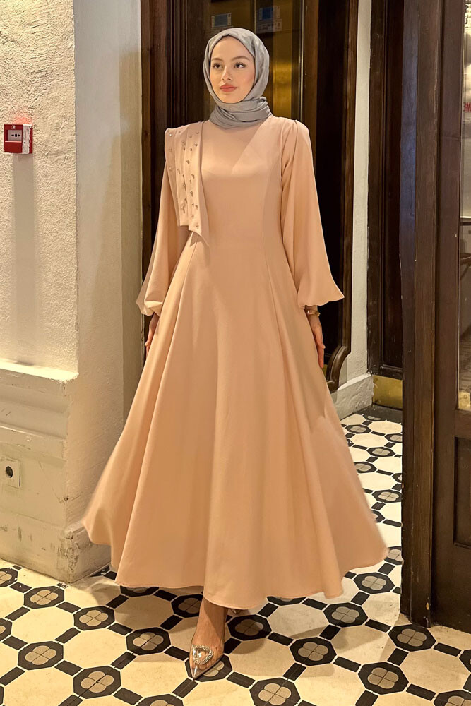 Krep Taşlı Elbise - Pudra - HENZA (1)