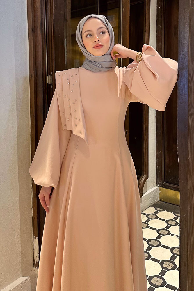 Krep Taşlı Elbise - Pudra - HENZA (2)