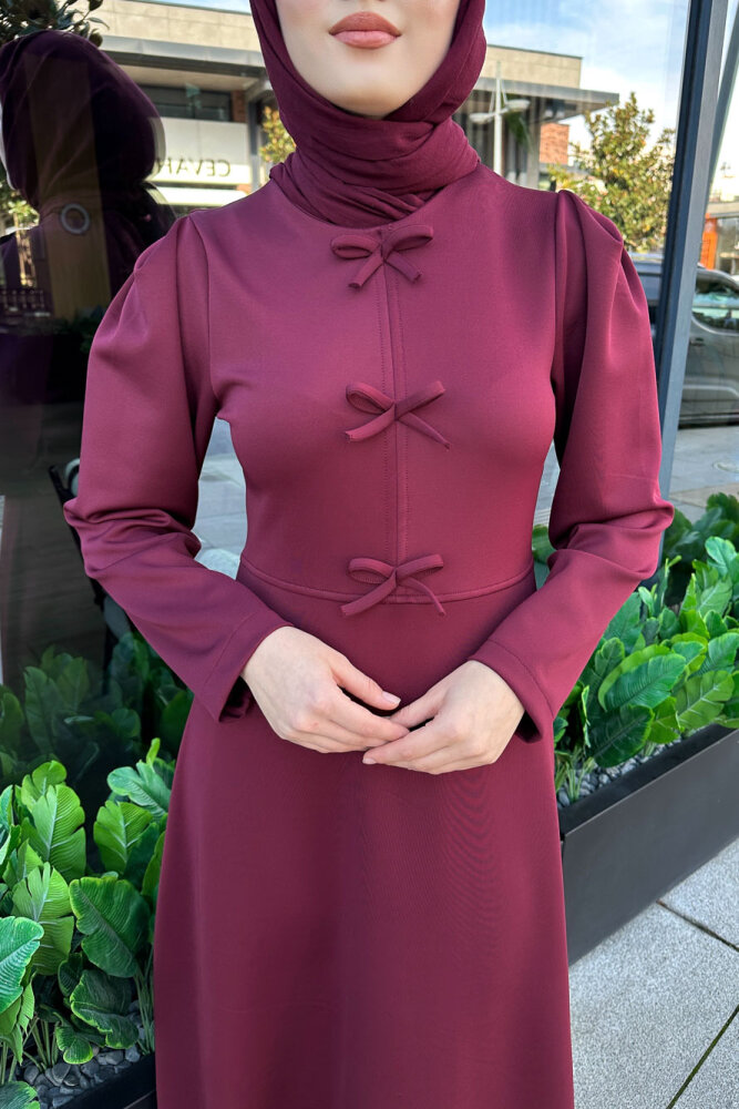 Kurdele Detaylı Scuba Elbise - Bordo - HENZA (2)