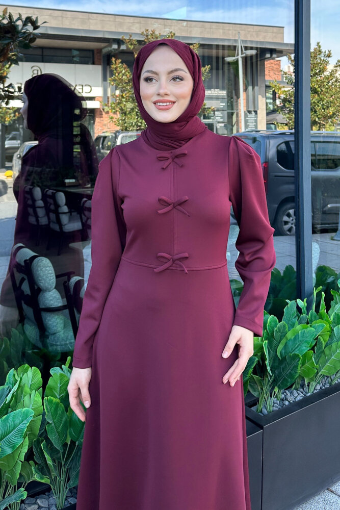 Kurdele Detaylı Scuba Elbise - Bordo - 2