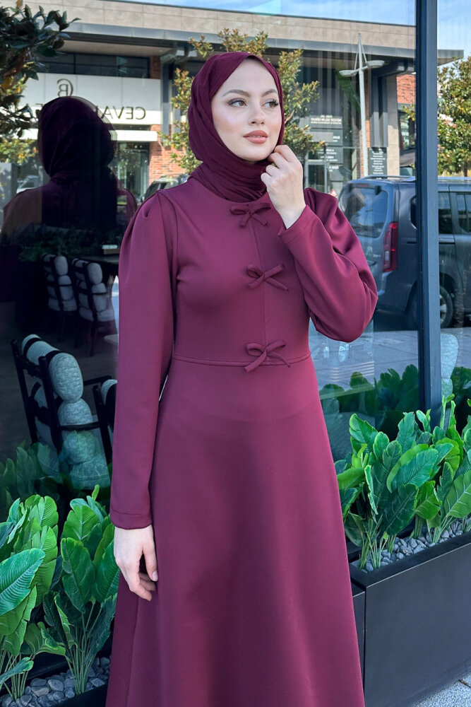 Kurdele Detaylı Scuba Elbise - Bordo - 5
