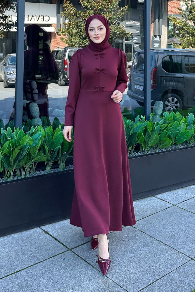 Kurdele Detaylı Scuba Elbise - Bordo - HENZA (0)