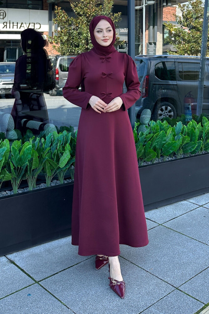 Kurdele Detaylı Scuba Elbise - Bordo - 6