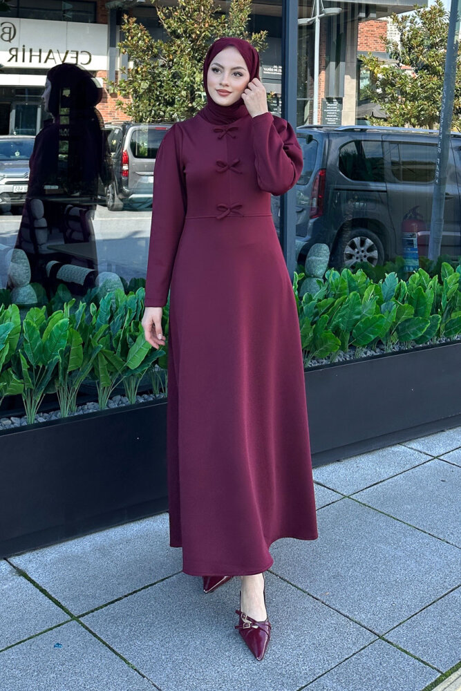 Kurdele Detaylı Scuba Elbise - Bordo - HENZA (3)