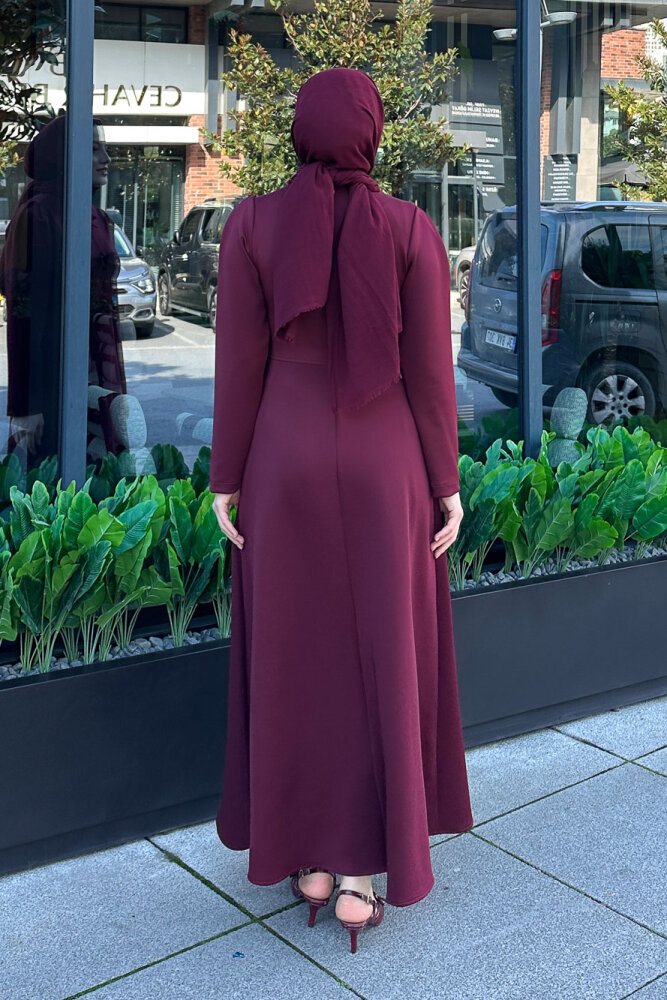 Kurdele Detaylı Scuba Elbise - Bordo - 7