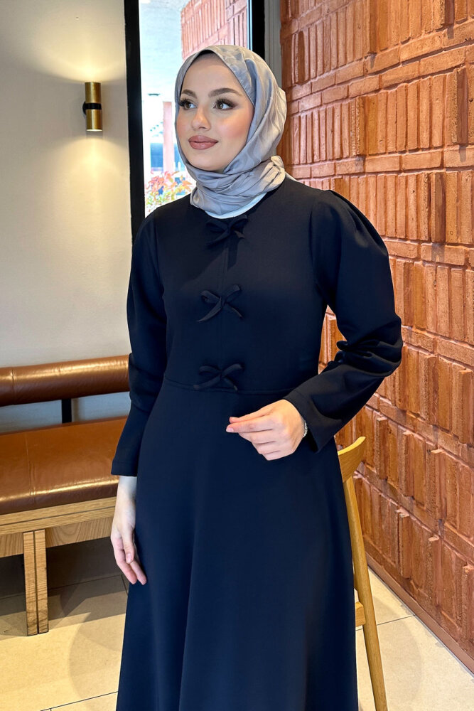 Kurdele Detaylı Scuba Elbise - Lacivert - HENZA (4)